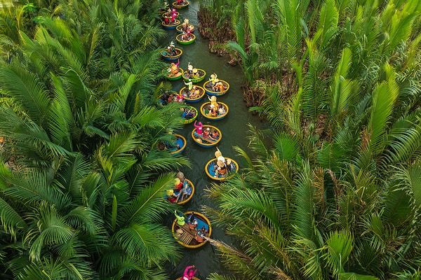 Drone view basketboat tours in Bay Mau nipa palm forest - Hoi An, Quang Nanm Da Nang province, central Vietnam
