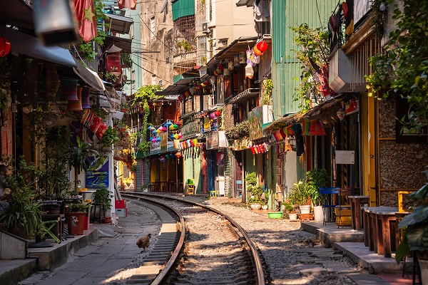 Train street in Hanoi, Vietnam. Famous landmark and tourism destination
